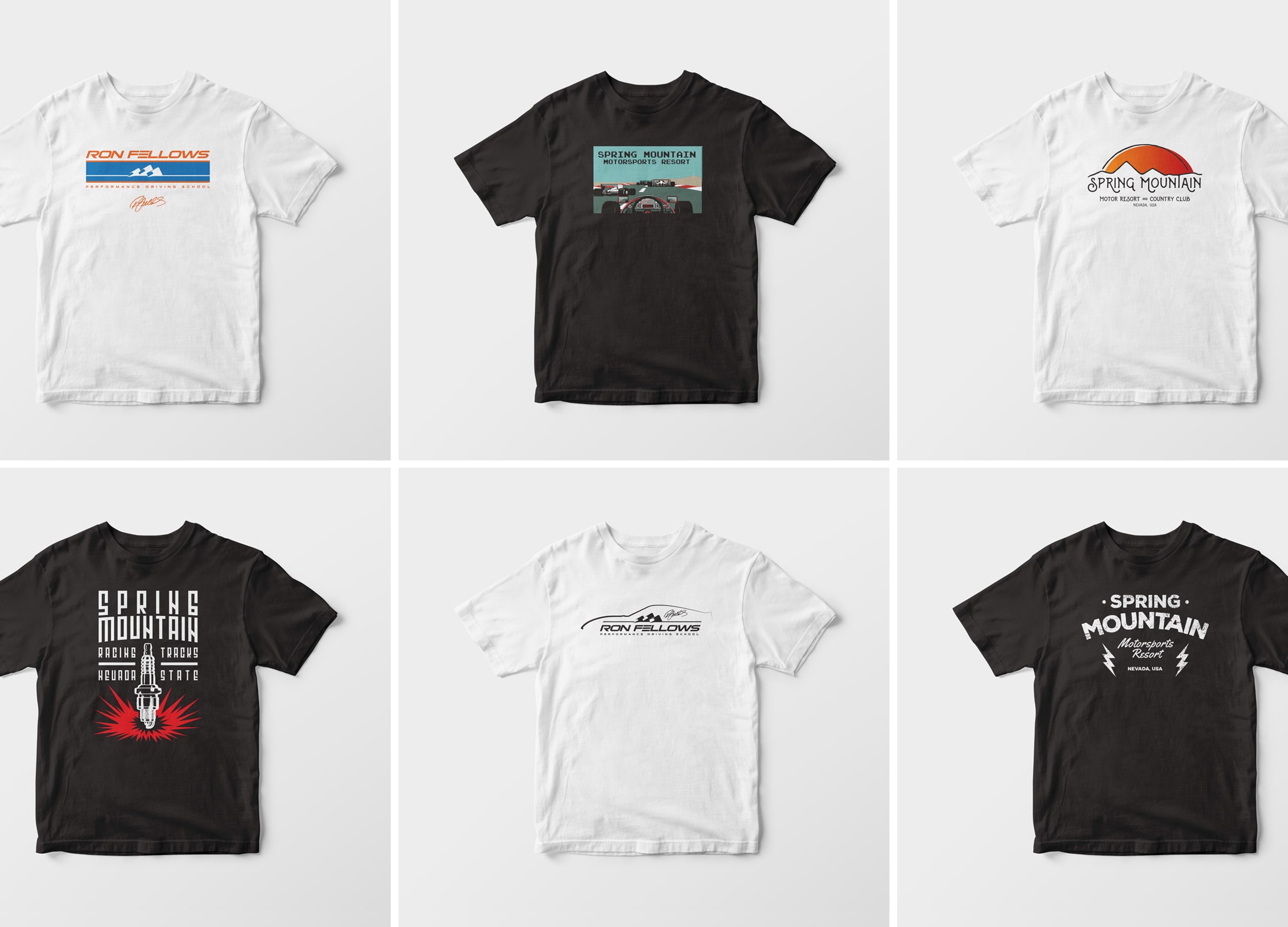 grid of Spring Mountain designs on t-shirts