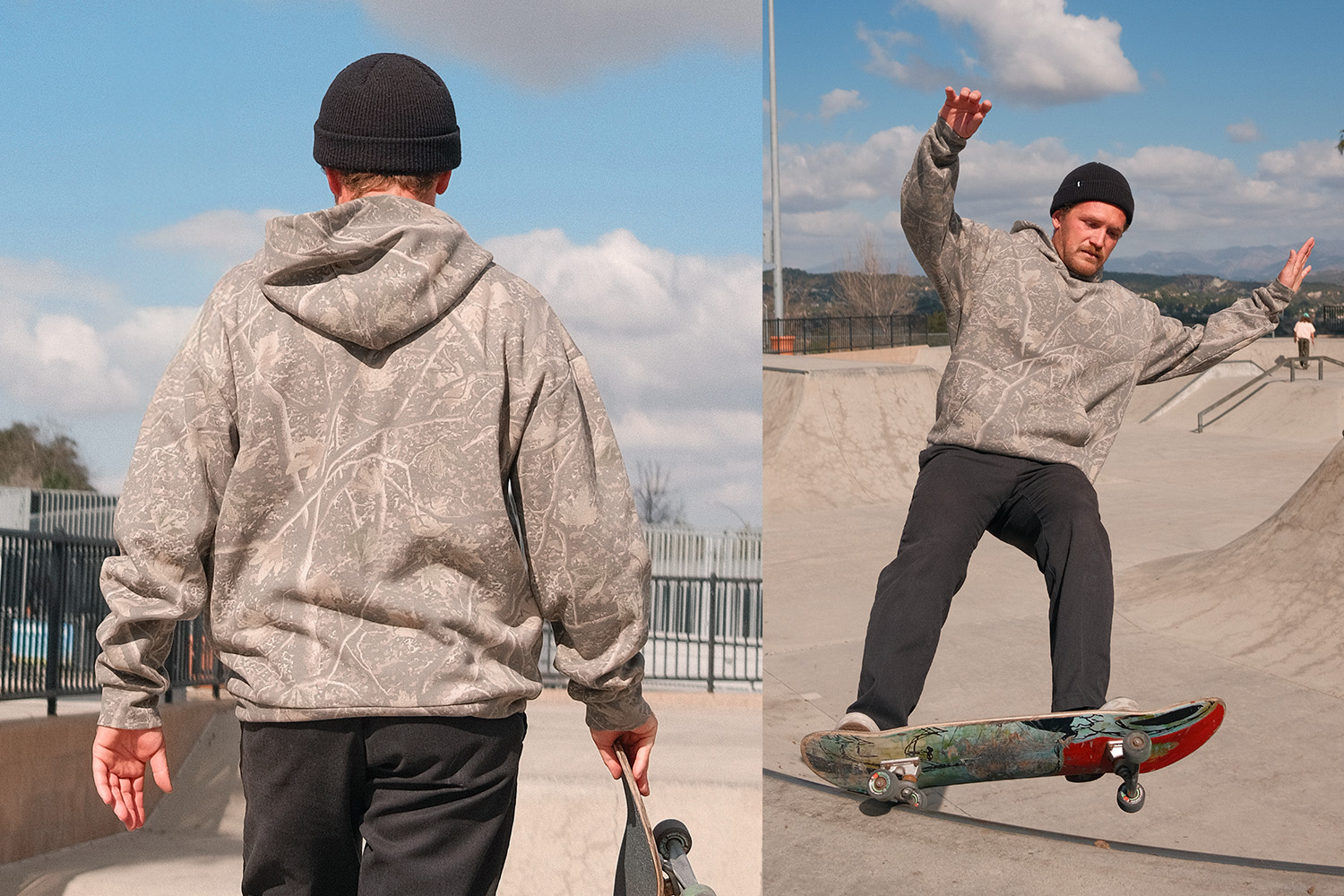man wearing a Deadwood Tree Camo hoodie while skateboarding