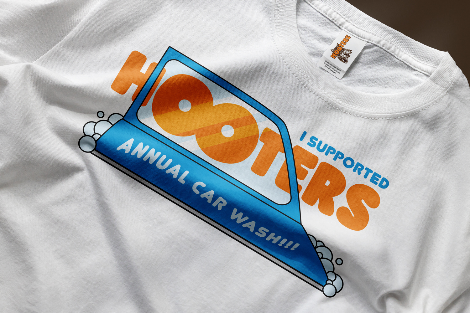 crew neck sweatshirt with a orange fade and Hooters flaming OOs graphic