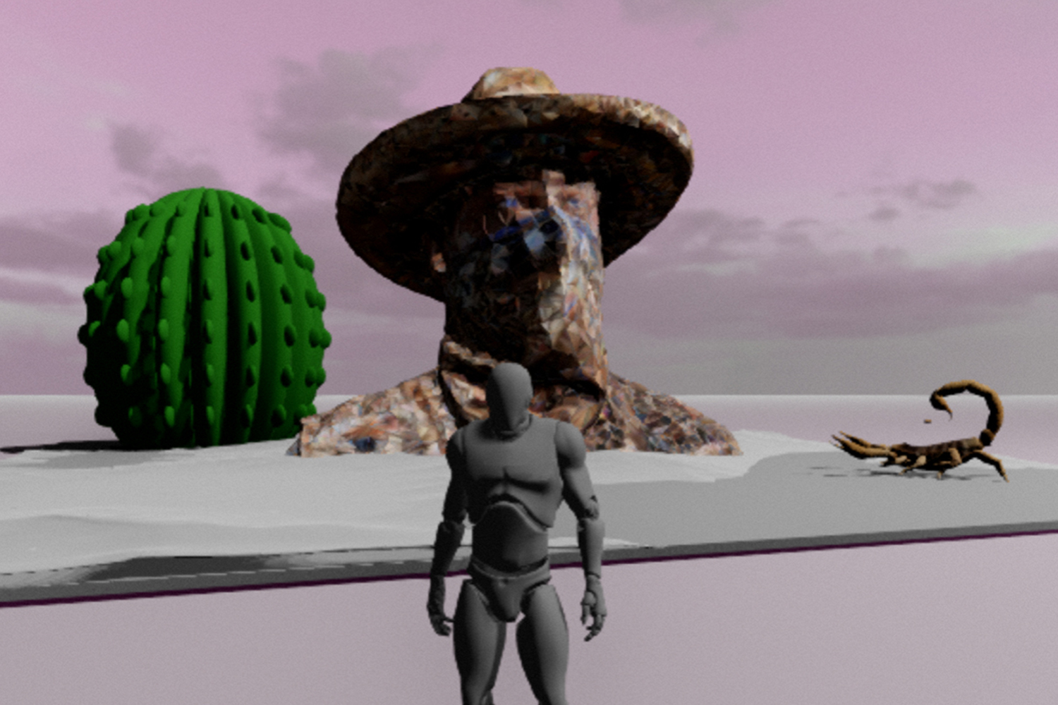 3d scene in metaverse markup language of an avatar standing infront of a desert scene with a cowboy, scorpion and cactus